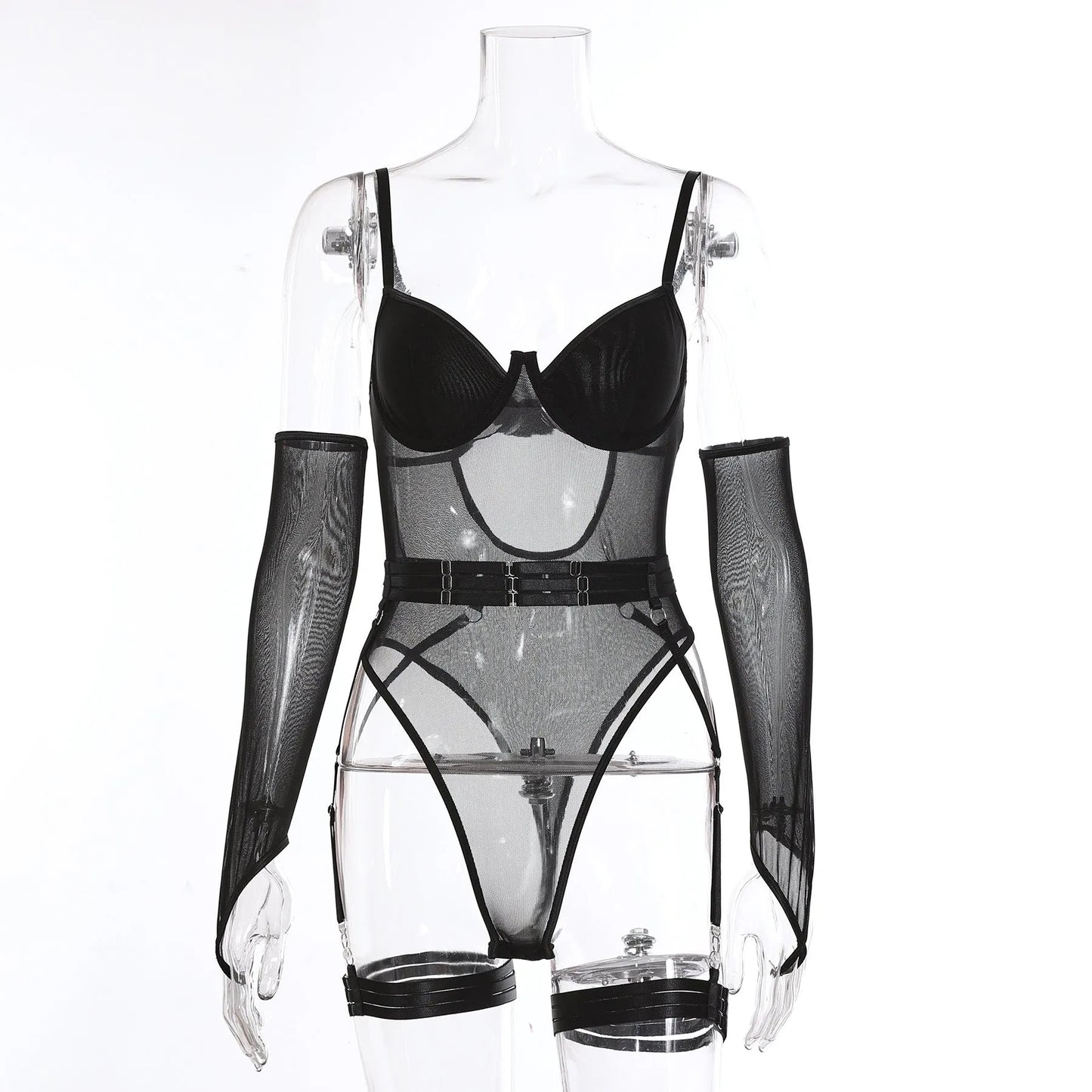 See-through jumpsuit with mesh panels in various colours including black, red, and light blue, sizes S, M, L for female wearers.