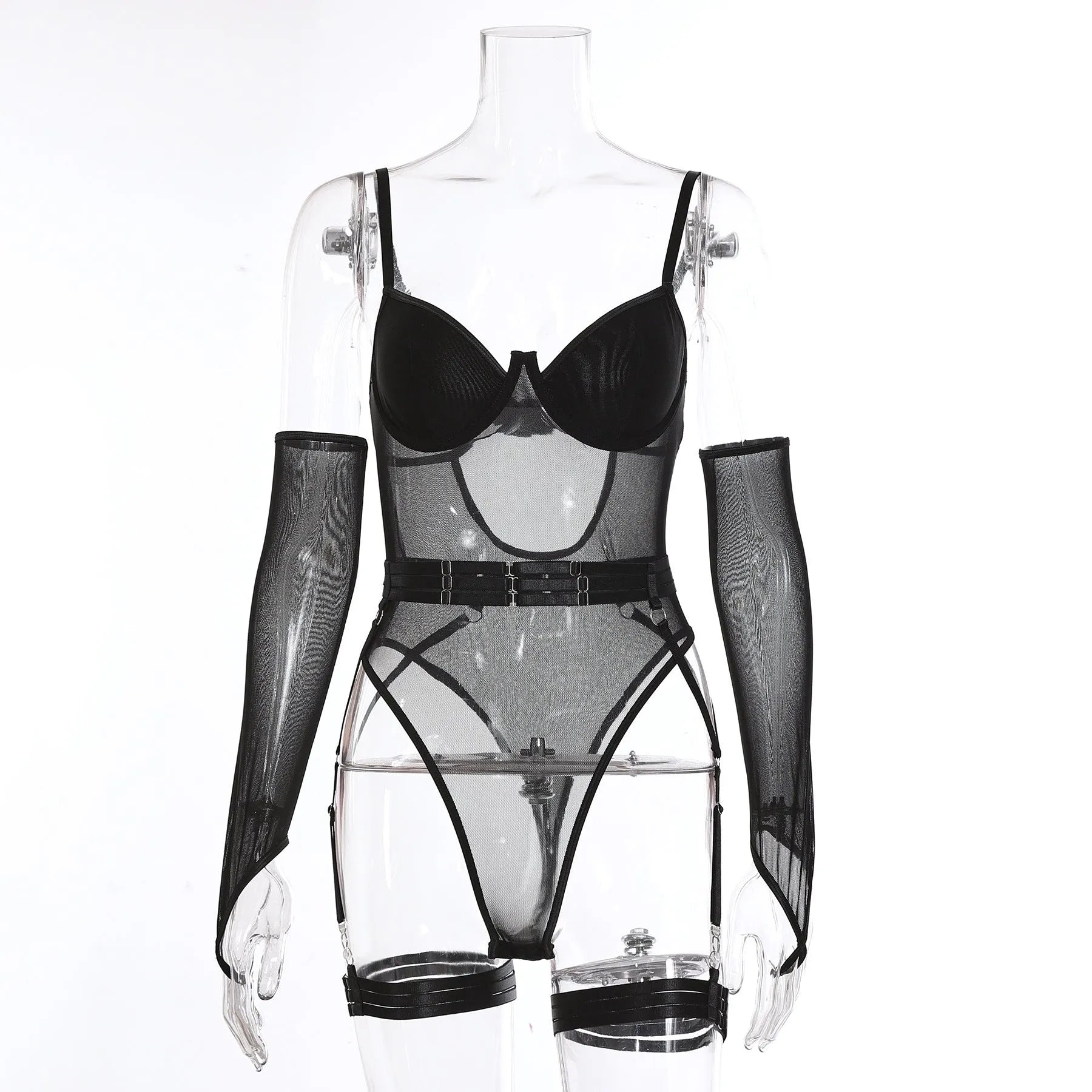 See-through jumpsuit with mesh panels in various colours including black, red, and light blue, sizes S, M, L for female wearers.