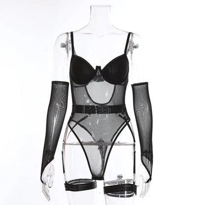 See-through jumpsuit with mesh panels in various colours including black, red, and light blue, sizes S, M, L for female wearers.