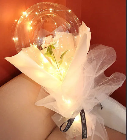 Transparent LED luminous balloon rose bouquet with artificial flowers and illuminated lights