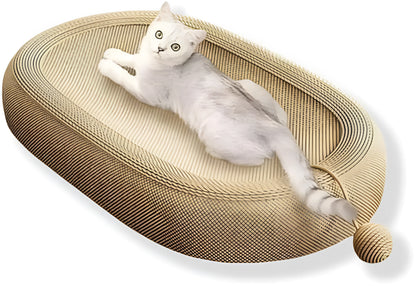 Large rectangular sisal cat scratching board with an attached raised lounge bed for cats, shown on a living room floor.