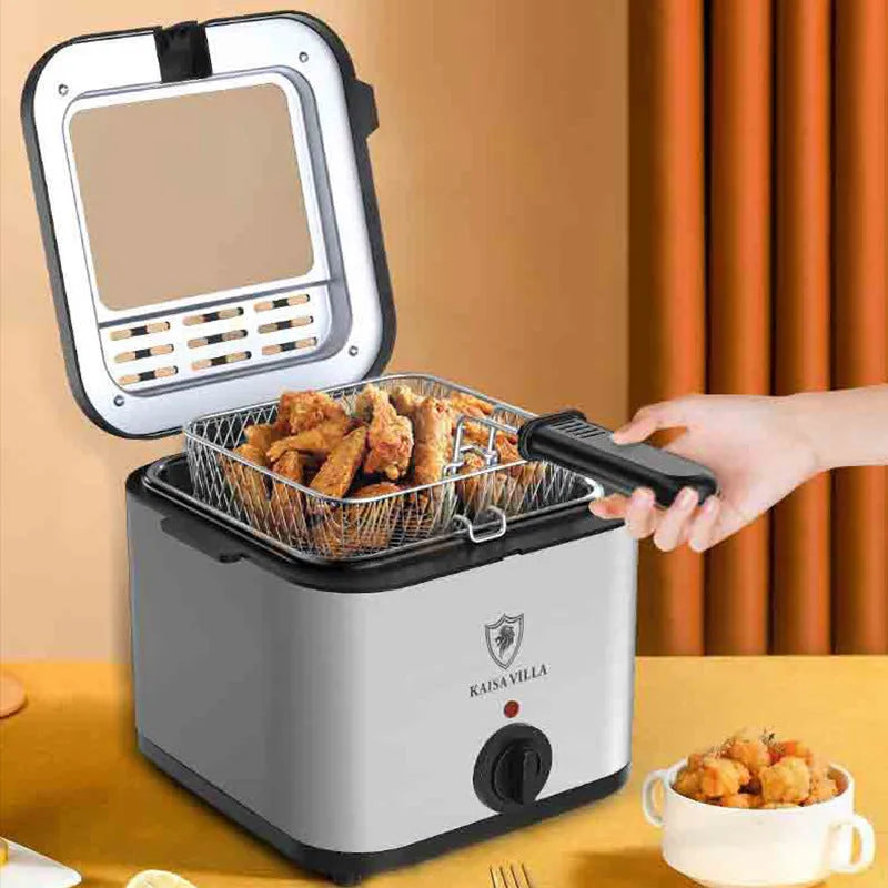 Silver electric air fryer appliance with detachable stainless steel basket on kitchen counter