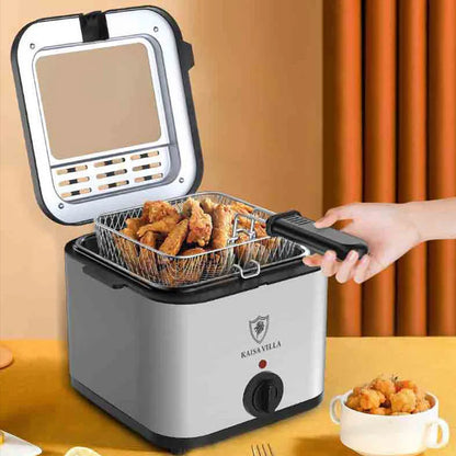 Silver electric air fryer appliance with detachable stainless steel basket on kitchen counter