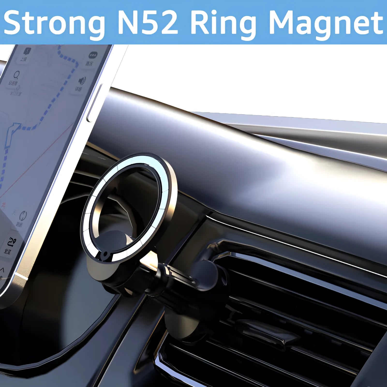 Black magnetic car phone holder clipped onto a car air vent, showing O-ring magnet and silicone grips.