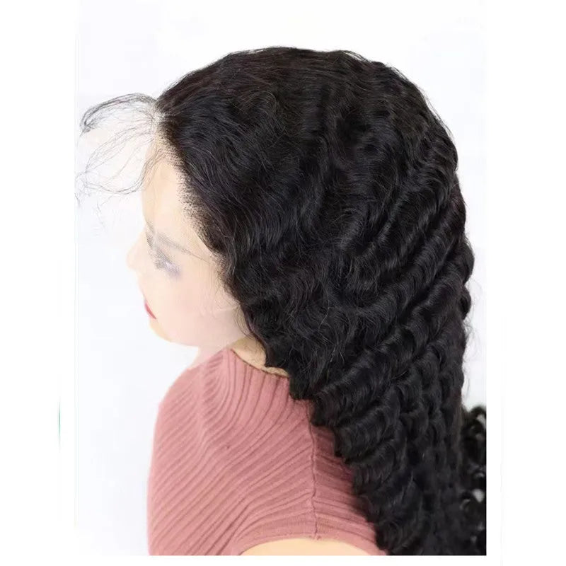 Solid colour human hair half lace wig shown in long length, demonstrating natural fall and lace front.