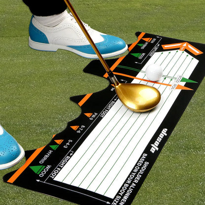 Black neoprene golf swing posture pad with directional markings on a green surface.