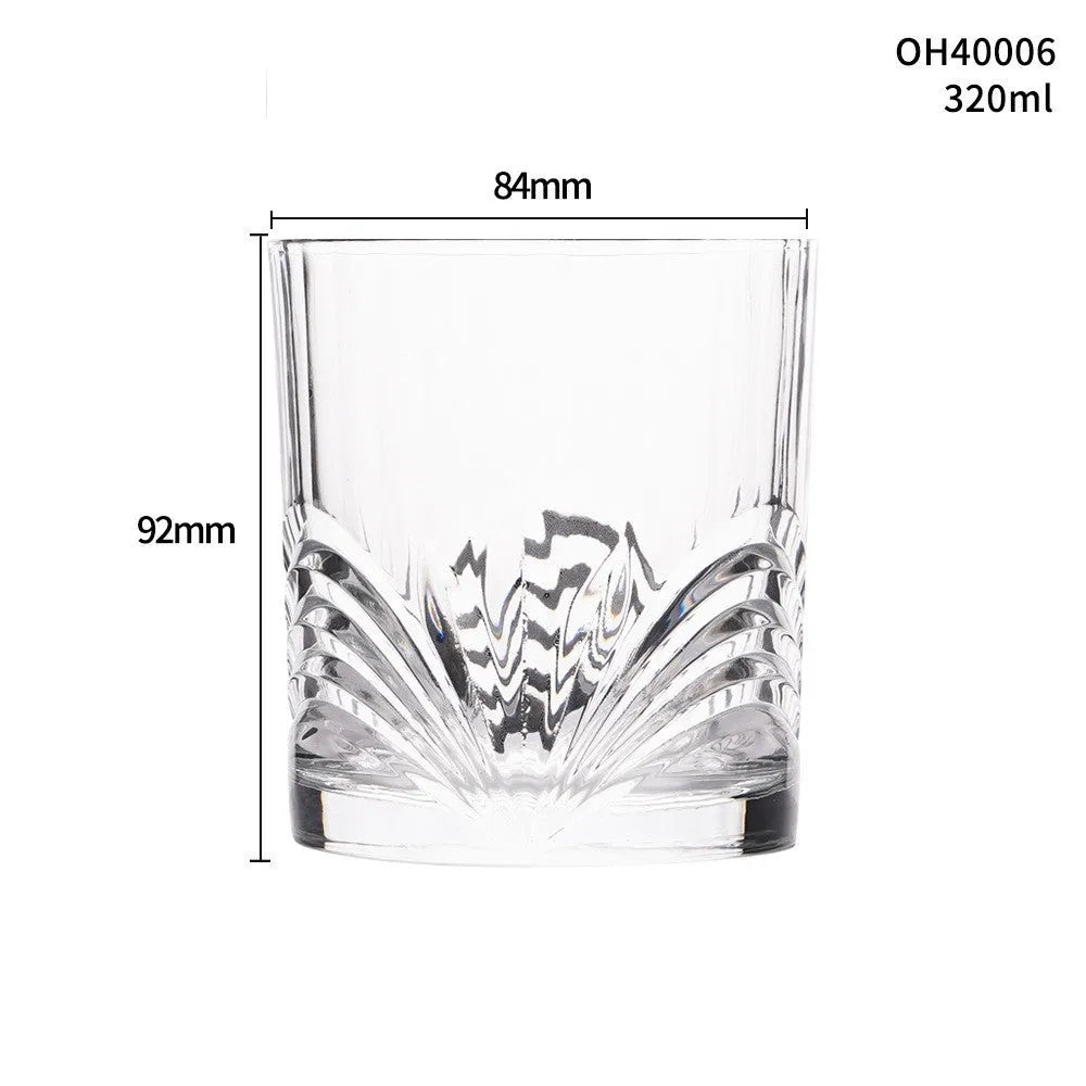 Whiskey shot glass with thick bottom, crystal clear, 350ml capacity, on wooden table