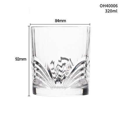 Whiskey shot glass with thick bottom, crystal clear, 350ml capacity, on wooden table