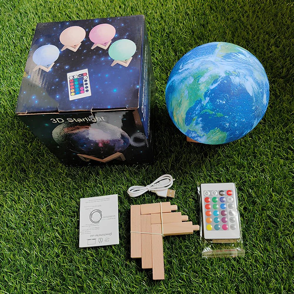 3D printed Earth lamp showing mountain topography with LED illumination through PVC material