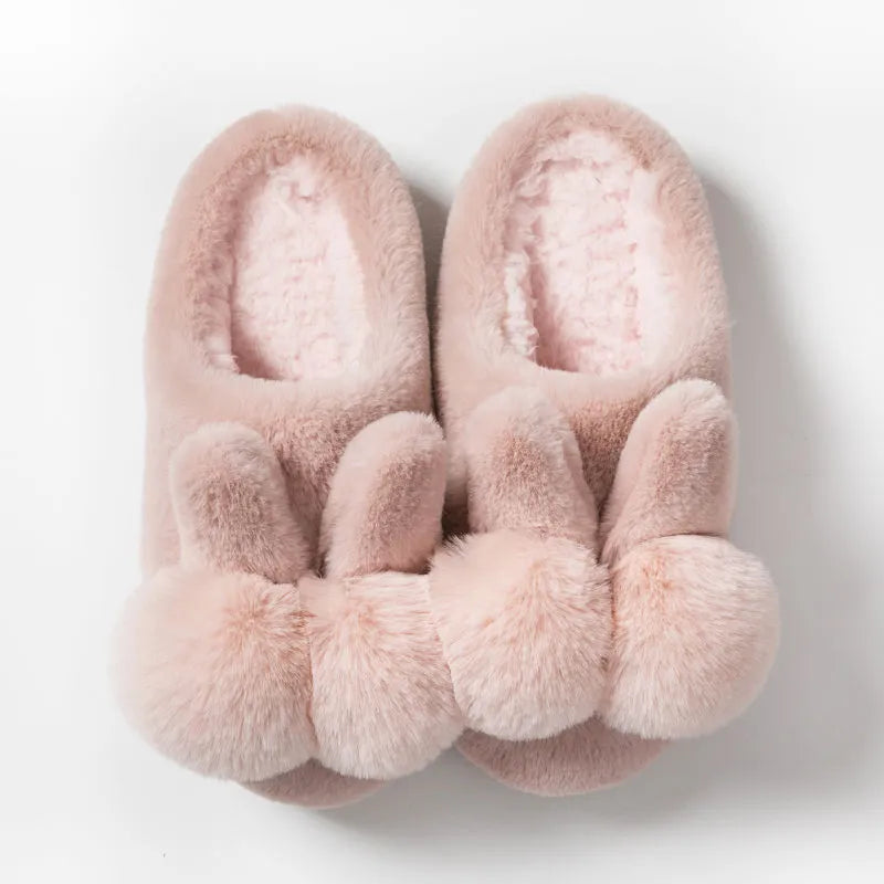 Bunny Fluffy Slippers with rabbit fur uppers in high-top design for winter, showing decorative flower details