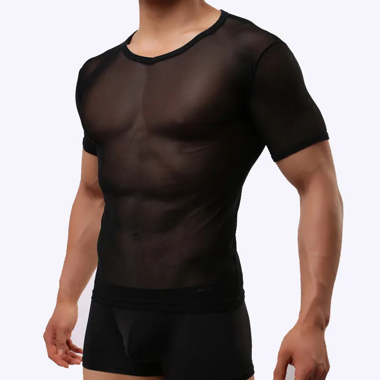 Men's slim fit nylon mesh short-sleeved t-shirt in solid white, black, skin or sapphire blue for European and American styling, available in sizes M, L, XL, and XXL with a pullover design and transparent mesh fabric construction.