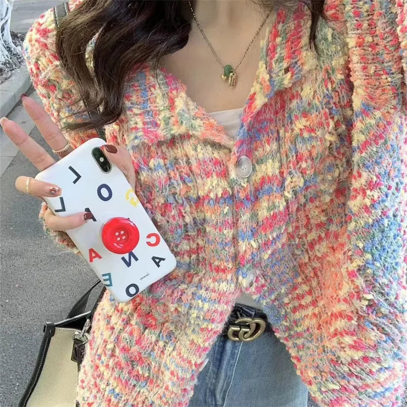 Pink and green retro style knitted cardigan with slim fit and toothbrush hair fabric