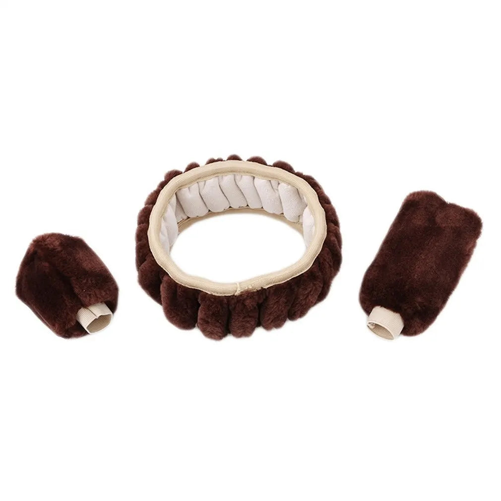 Plush winter car steering wheel cover set in six colours with matching brake and gear lever covers.