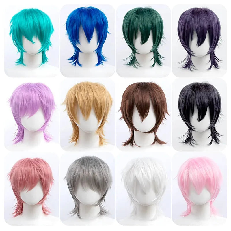 Short black anime-style cosplay wig for men with a lengthened hair tail, made from synthetic fibre.