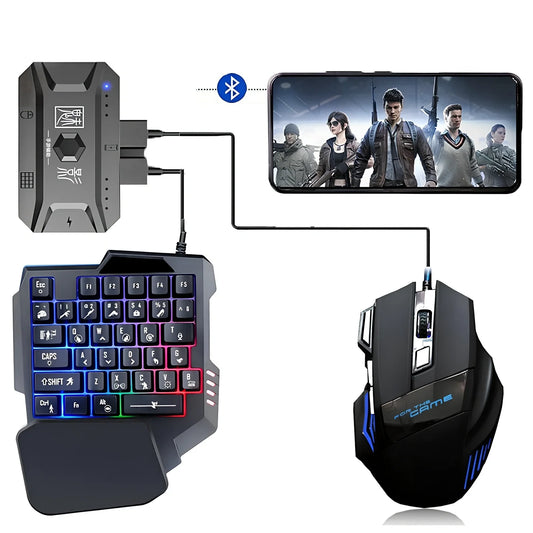 Mobile gaming keyboard mouse converter with USB connector for Android and Apple device compatibility