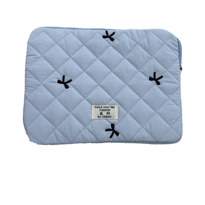 Nylon notebook storage bag with rhombus embroidery and bow, shown in light blue colour.