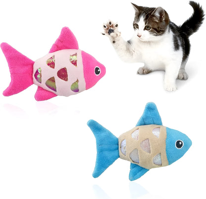 Two plush fish cat toys in blue and orange with catnip and crinkle sound features