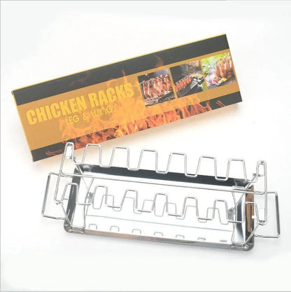 Versatile stainless steel BBQ rib rack with mesh clips, designed to accommodate a variety of chicken wings and legs for even, delicious grilling.