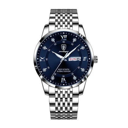 Men's Seiko quartz watch with 43mm round dial, stainless steel strap, 50m water resistance, luminous calendar, sapphire crystal glass