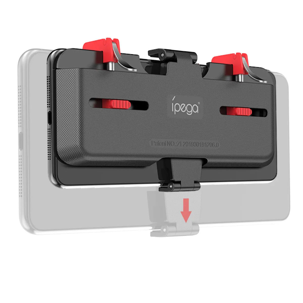 Black mobile gaming phone bracket with an adjustable trigger button and telescopic fixing clip extended.