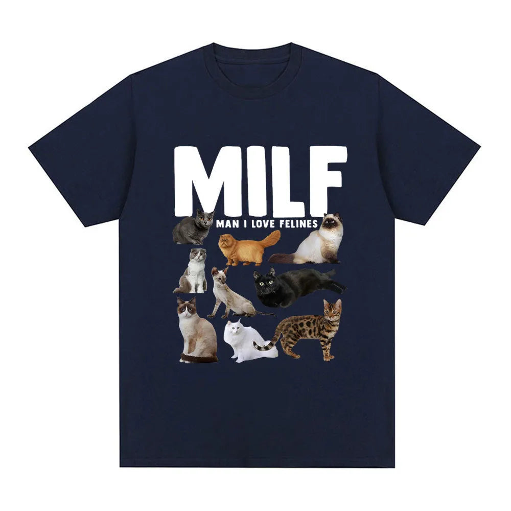 Geometric pattern cat lover graphic on a short sleeve cotton T-shirt, shown in multiple colours.