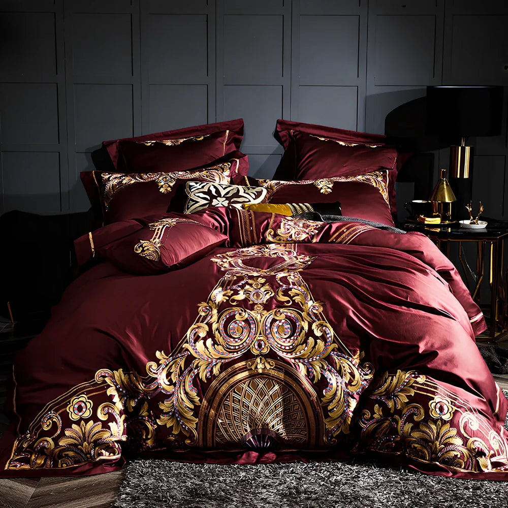Four-piece embroidered cotton bed set in grey with 200x230cm duvet cover and reactive print details