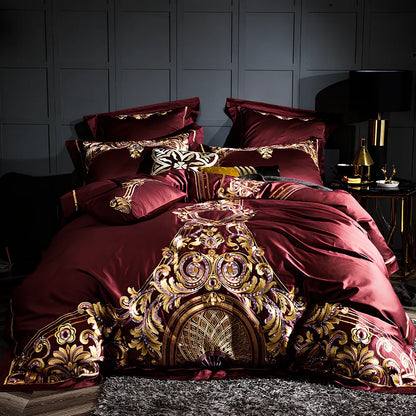 Four-piece embroidered cotton bed set in grey with 200x230cm duvet cover and reactive print details