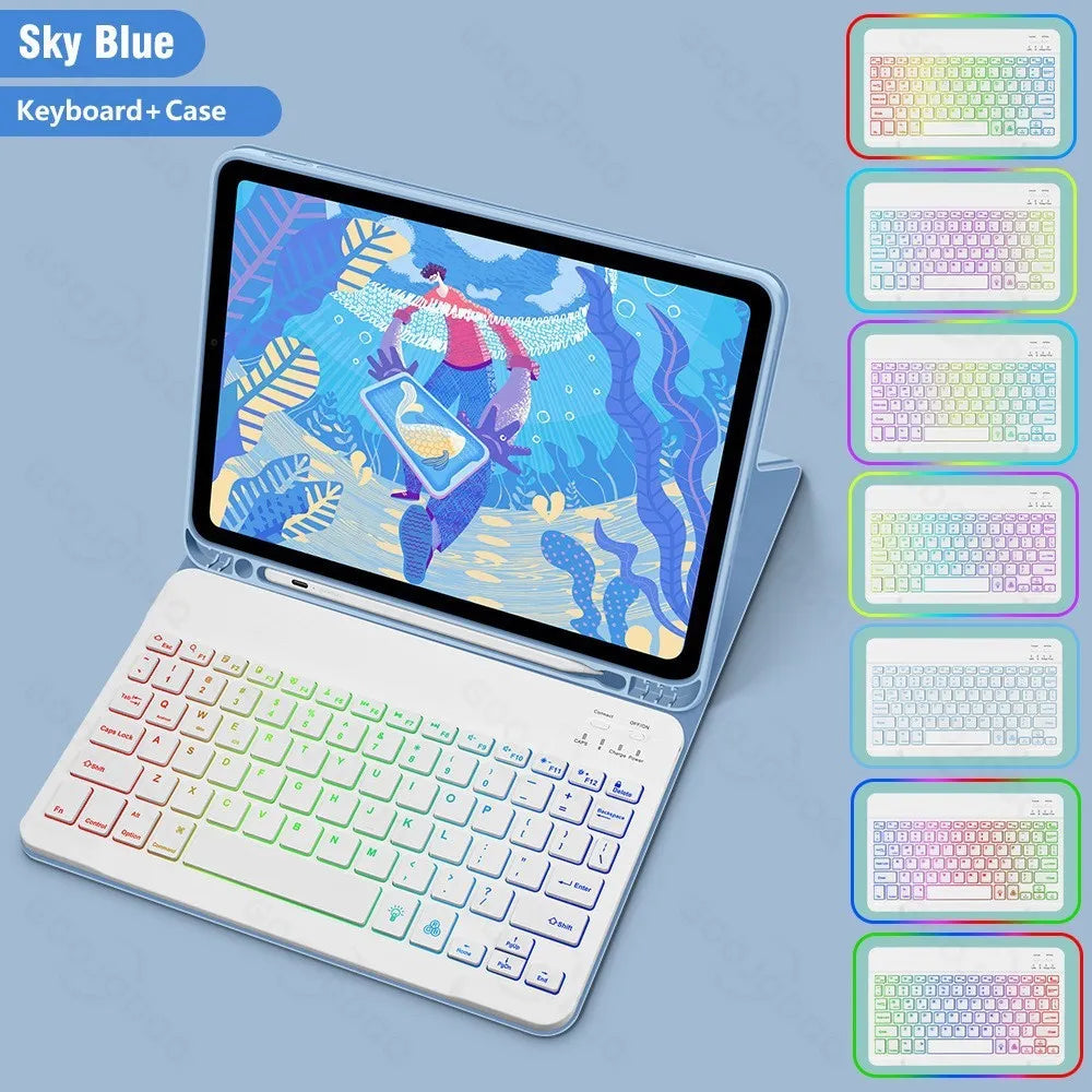 iPad in a black TPU leather case with a built-in luminous RGB backlit Bluetooth keyboard and a stand open.