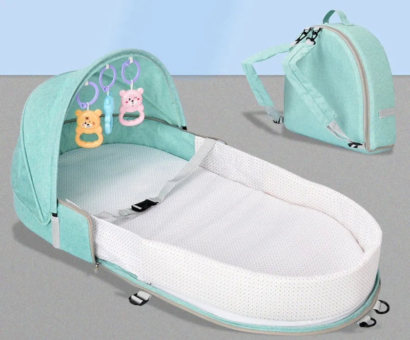 Portable Foldable Bionic Baby Anti-Mosquito Isolation Bed Cotton Linen Fabric 88x45x12.5cm Folding Travel Cot with Awning Removable Cover Mattress Fence for 0-1 Years Park Beach Living Room