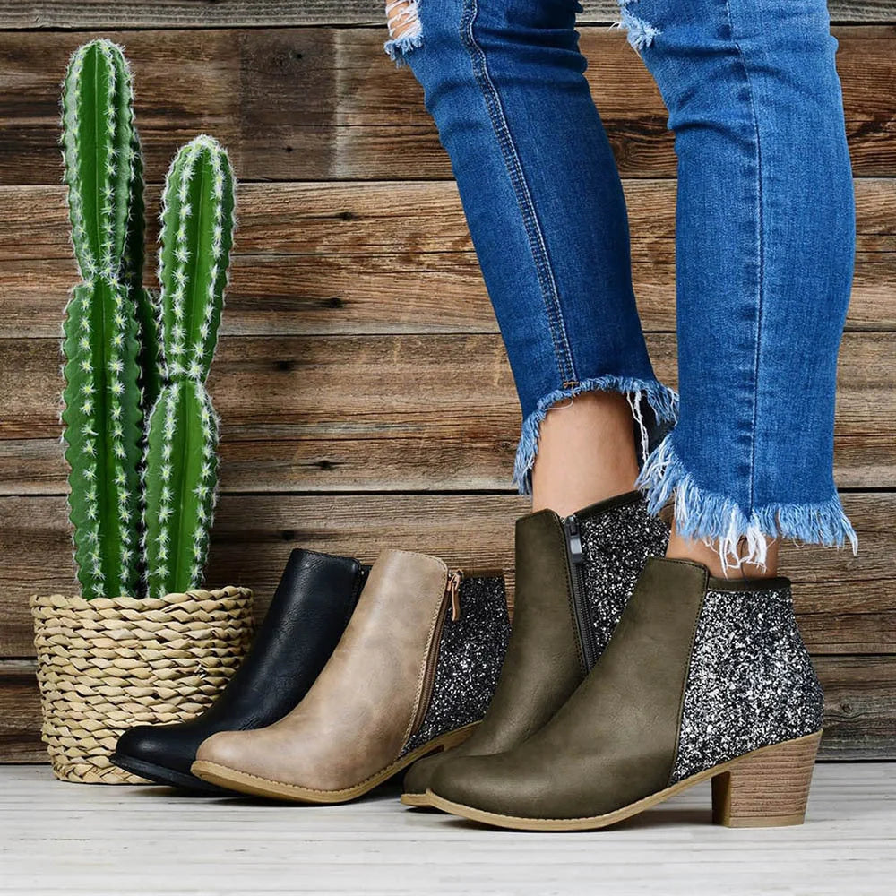 Women's thick heel sequin booties with side zip and square toe in black, khaki, and green