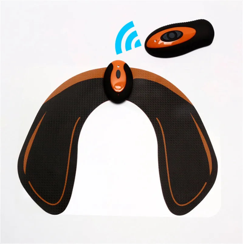 Compact EMS muscle stimulator unit with remote control and gel pads for abdominal and buttock toning.