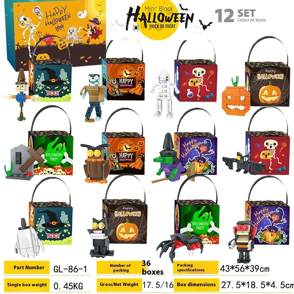 Halloween building blocks set showing six themed designs including handbag and lollipop shapes in colour box packaging