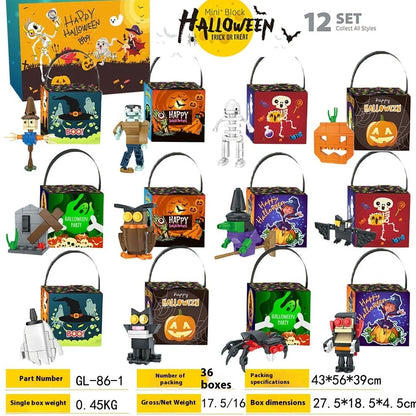 Halloween building blocks set showing six themed designs including handbag and lollipop shapes in colour box packaging