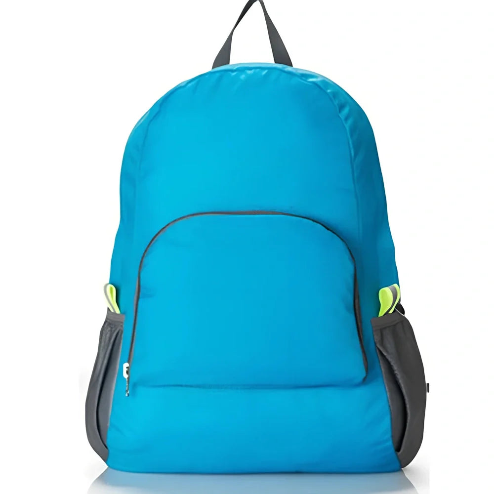 Yellow foldable sports backpack showing 30.5x42cm dimensions and compression feature