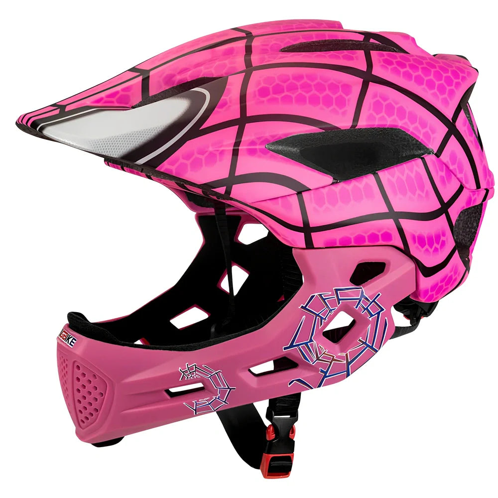 Children's adjustable sports helmet in titanium colour with cartoon pattern, showing ventilation channels and quick-release buckle