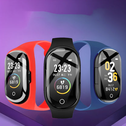 Blue, black, or red silicone smart bracelet with earphones for Android, showing 1-inch screen.
