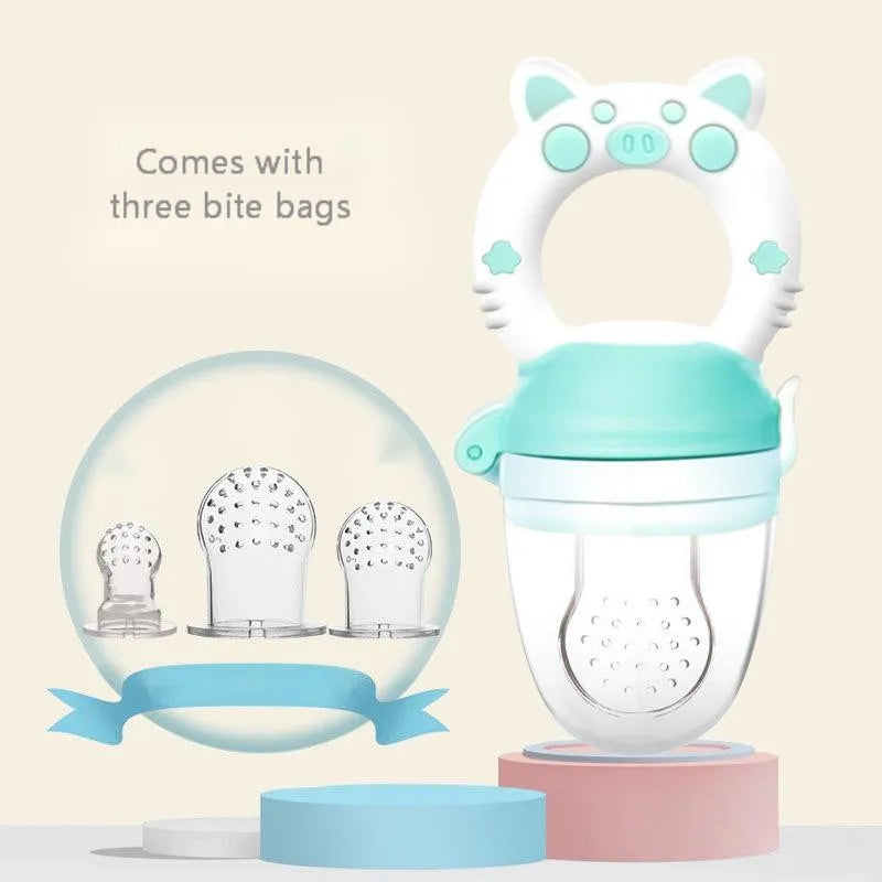 Blue, green, and pink silicone baby teethers with textured surfaces for chewing.