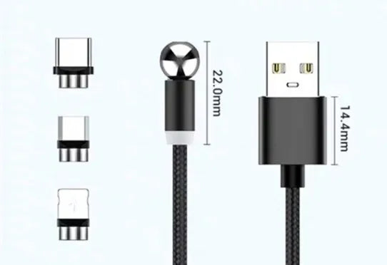 Black spherical magnetic charging cable with rotating head next to iPhone and Android phones