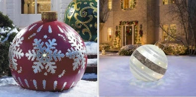 Vibrant, inflatable Christmas ornaments in various holiday designs for outdoor decoration