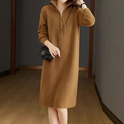 Women's beige casual long sleeve dress with half zip front and stand collar, loose straight fit.