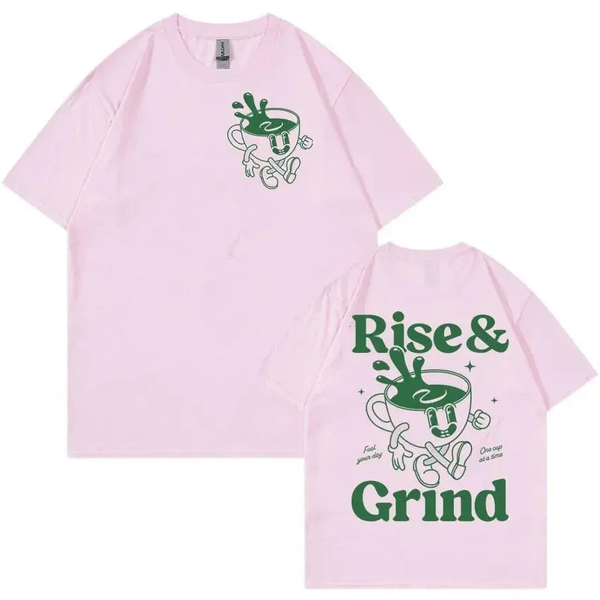 Man wearing a loose linen t-shirt with a printed Rise And Grind Green Coffee cartoon illustration.