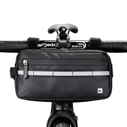 Rhino multifunctional bicycle front handle bag in black, grey, and blue