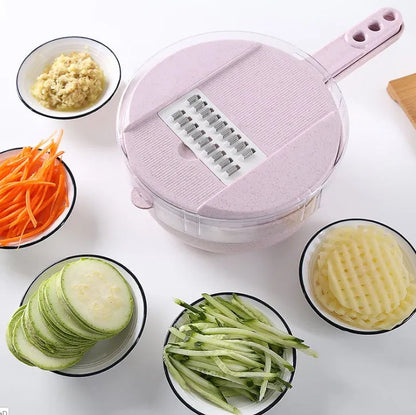 Blue 8-in-1 mandoline slicer set with stainless steel blades, hand guard and kitchen tools