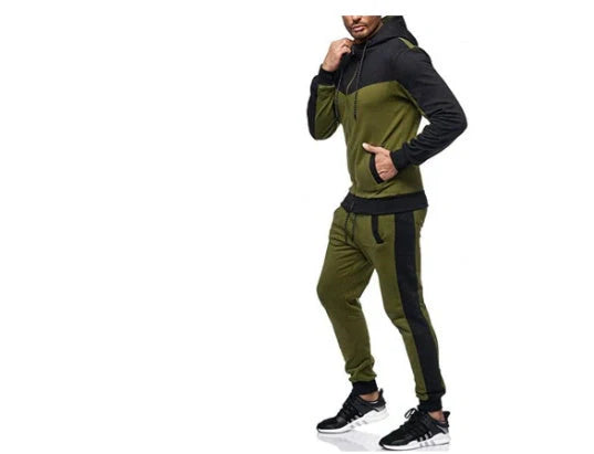 Men's hooded color block casual cardigan set in cotton blend fabric for autumn leisure wear