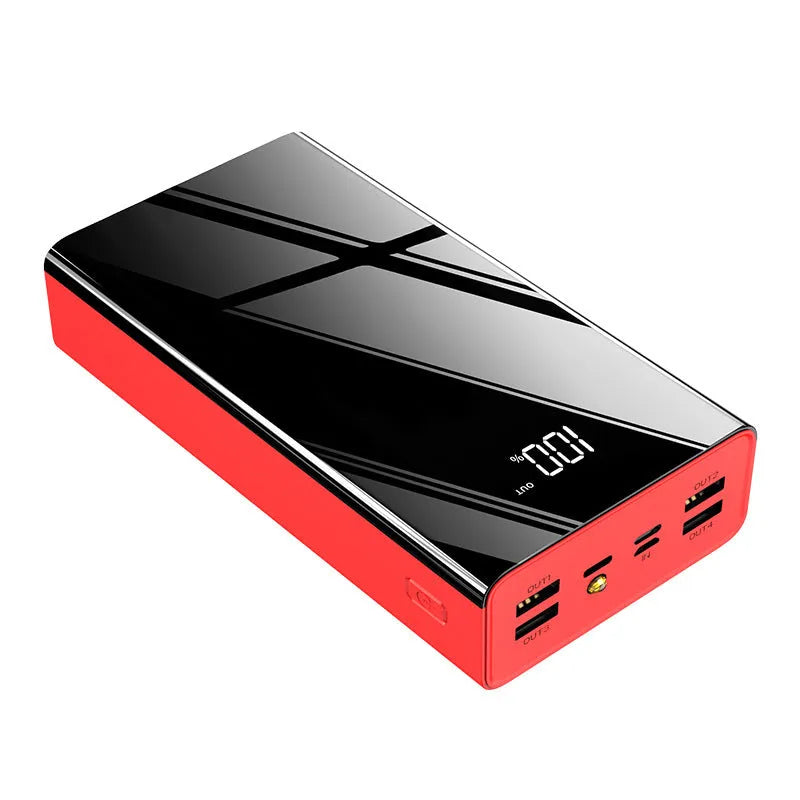 Large black and red 40000 mAh power bank with LCD display showing battery percentage