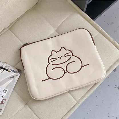 Embroidered animal tablet protective sleeve with zipper closure in fat cat or sleepy cat design, sizes 27x20cm and 34x26cm