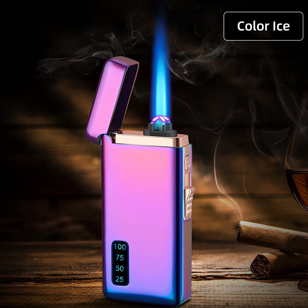 Metal windproof electric lighter showing compact 77.5mm design with USB charging port and flame adjustment