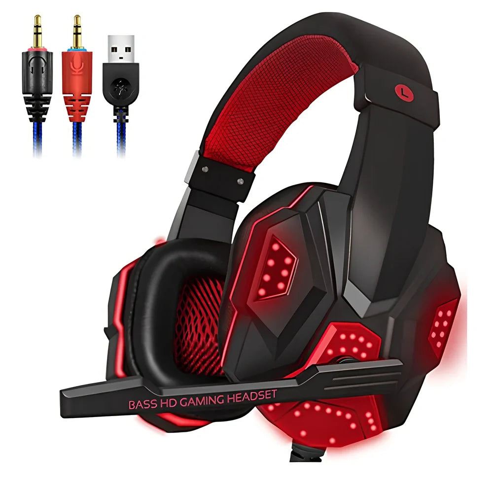 3.5mm gaming headset with LED lighting in blue colour, head-mounted design with adjustable headband