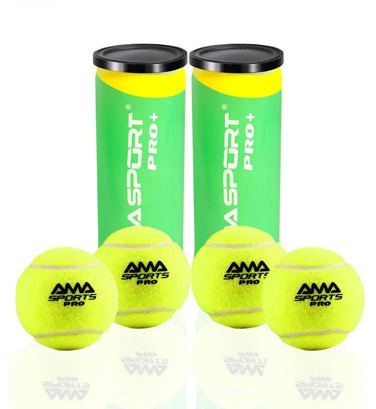 Three tennis training balls in black, green and yellow colours for cage plate practice