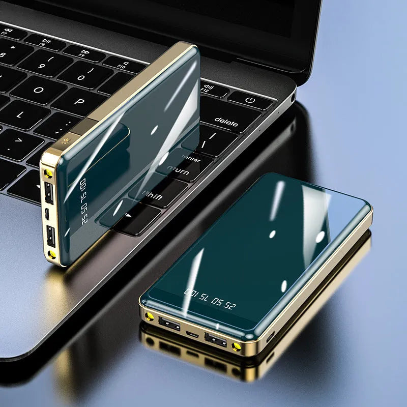 Mirror digital display 20000mAh power bank in multiple colours showing size and aluminium battery casing